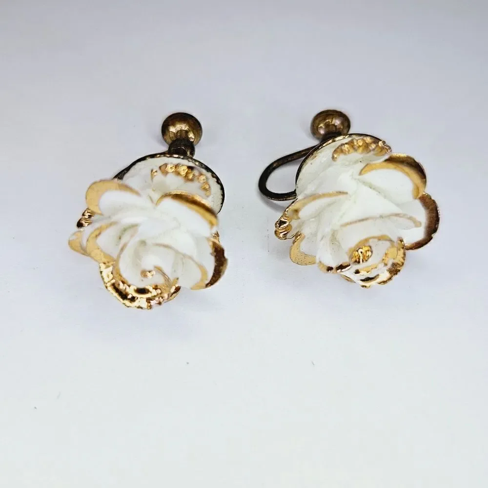 Vintage Porcelain White Rose Gold Accented Screw Back Earrings Made In England